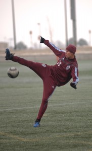 Steven Emory takes a swipe at the ball during practice with the Colorado Rapids. (Photograph by Joel Baud/ColoradoSoccerNow.com.)